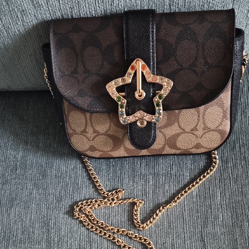 Coach Brown and Black Crossbody Bag with Gold Chain